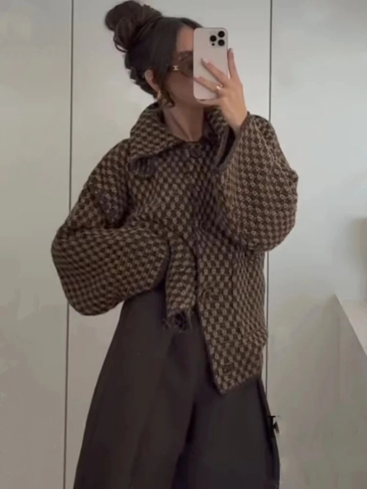 Veste Mi-Saison Tricoté à Carreaux Bicolores – Femme