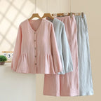 Pyjama Femme en Crêpe de Coton 100% – Ensemble 2 Pièces Col V & Manches Longues