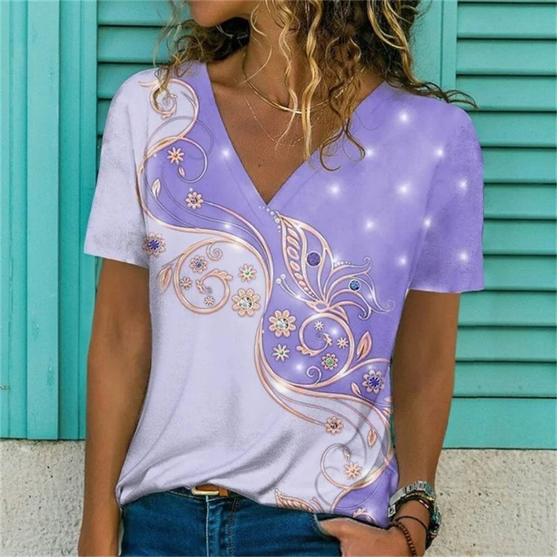 T-shirt Décontracté à Col V Imprimé Fleur pour Femmes - 3762FR