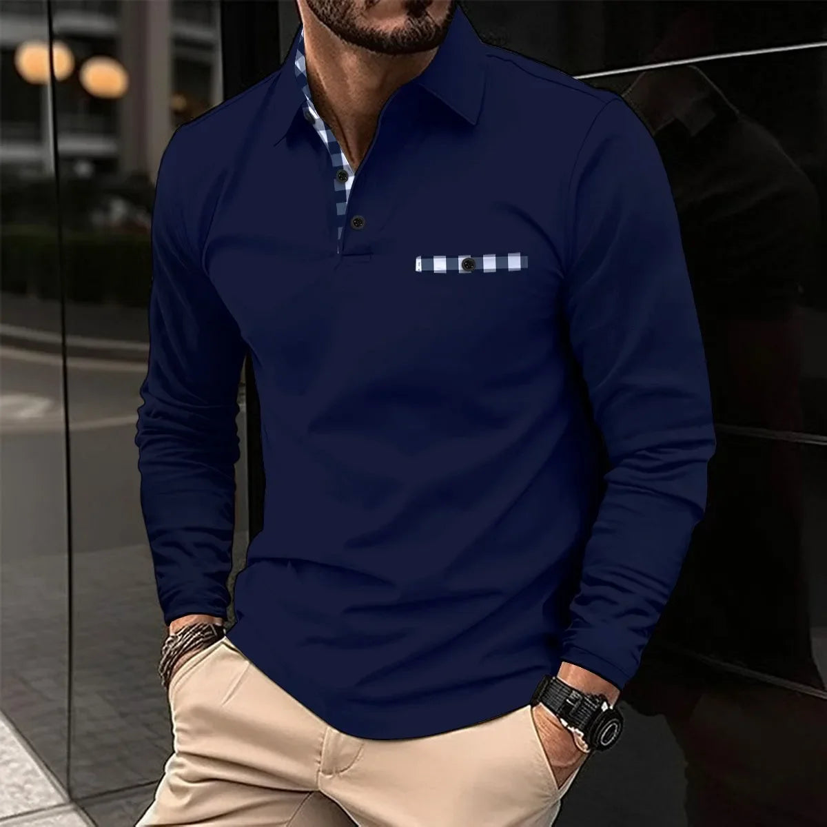 Polo Manches Longue Motif Tartant Col & Manches - Homme