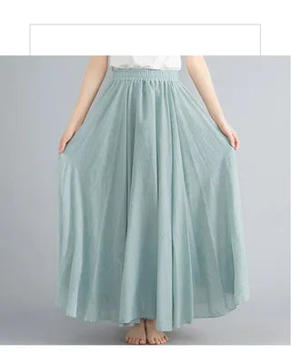 High-Waisted Elastic Cotton & Linen Long Skirt