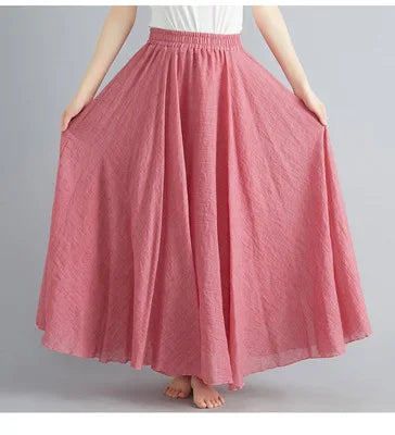 High-Waisted Elastic Cotton & Linen Long Skirt