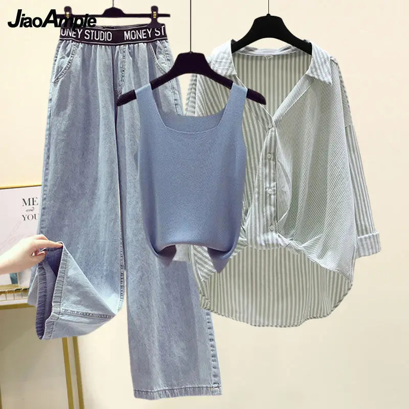 Ensemble 3PCS - Débardeur, Chemise à Rayures & Pantalon Ample