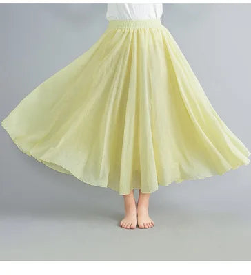High-Waisted Elastic Cotton & Linen Long Skirt