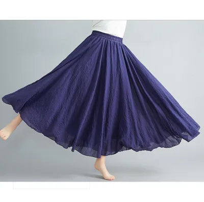 High-Waisted Elastic Cotton & Linen Long Skirt