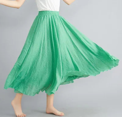 High-Waisted Elastic Cotton & Linen Long Skirt