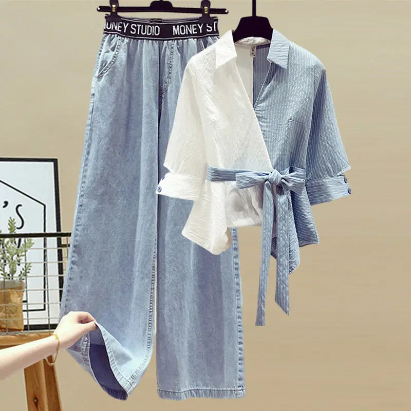 Intims - Ensemble Chemise à Nouer et Pantalon Ample Bleu Denim pour Femmes - 58321FR
