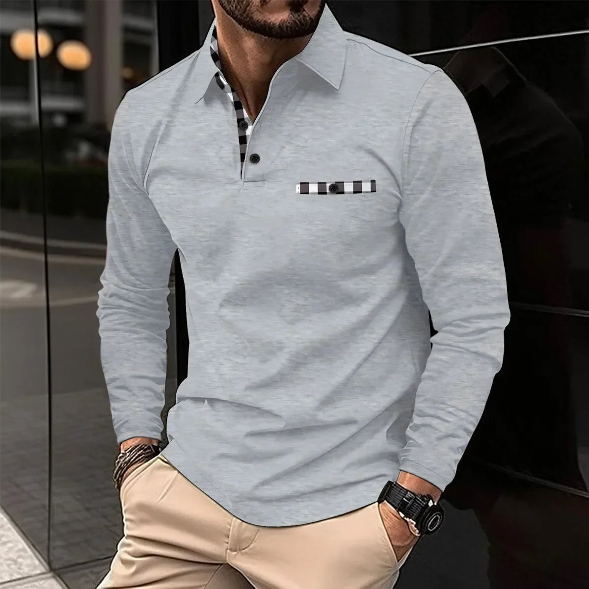 Polo Manches Longue Motif Tartant Col & Manches - Homme
