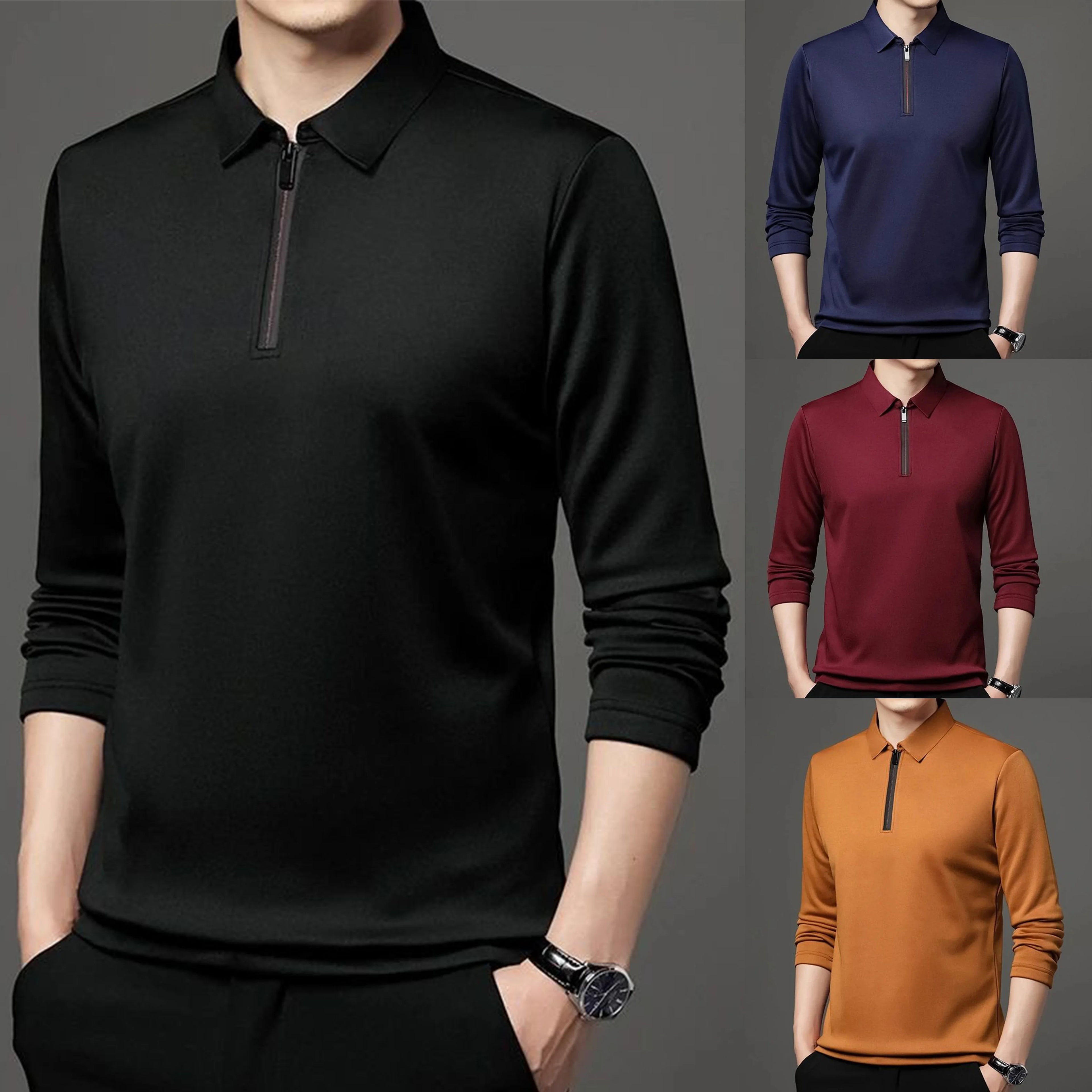 Spring and Autumn Men's Collar Polo Shirt Casual Long Sleeved Men's Solid Color Top Fashionable Street Wear Zipper Collar Men's