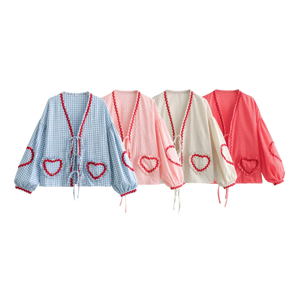 Intims - Chemisier à Carreaux Poches en Coeur à Manches Bouffantes pour Femme - 34567FR