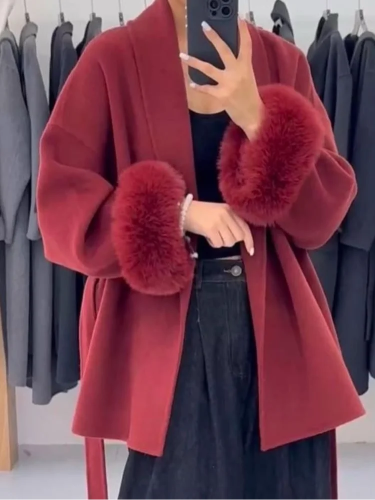 Tie-Waist Mid-Length Coat with Fur Cuffs