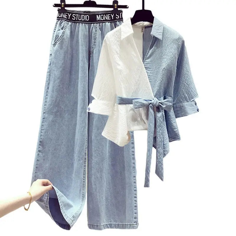 Intims - Ensemble Chemise à Nouer et Pantalon Ample Bleu Denim pour Femmes - 58321FR