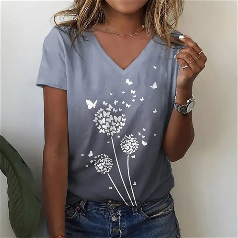 T-shirt Décontracté à Col V Imprimé Fleur pour Femmes - 3762FR