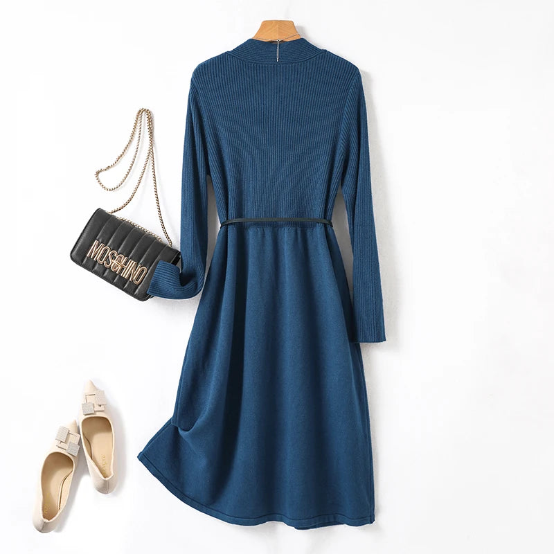 Intims - Robe en maille chaude à Col V torsadé et à Ceinture - 58214FR