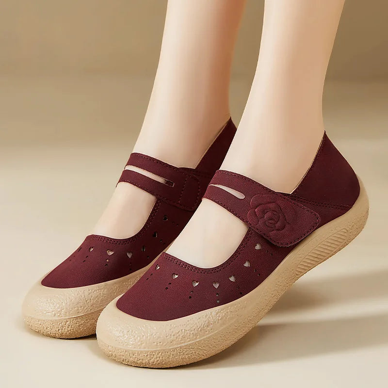 Ballerines en Daim à Bride Velcro Ajourées à Coeur