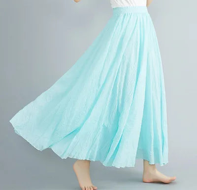 High-Waisted Elastic Cotton & Linen Long Skirt