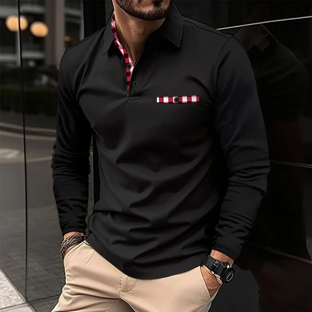 Men's Long Sleeve Tartan Polo Shirt with Collar & Cuffs