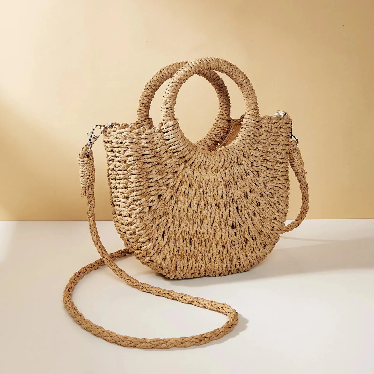 Mini Panier en Osier à Bandoulière Amovible & Fermeture Cordon