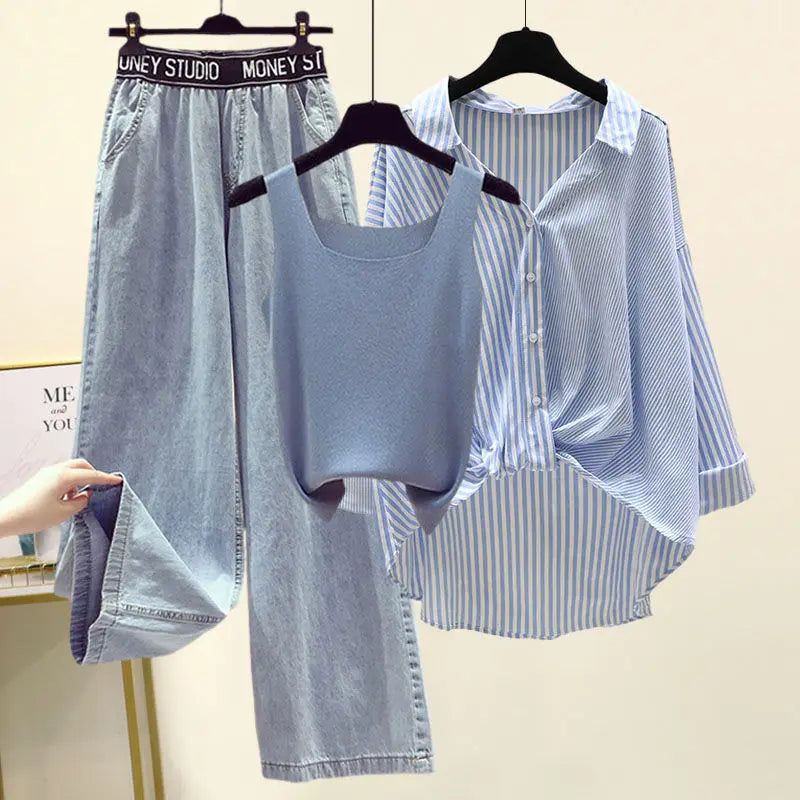 Ensemble 3PCS - Débardeur, Chemise à Rayures & Pantalon Ample