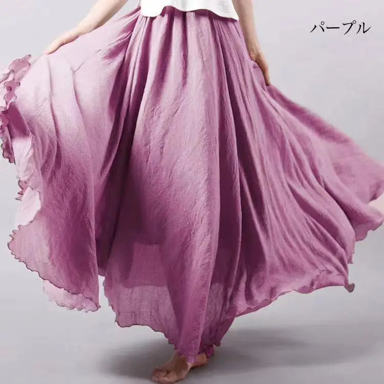 High-Waisted Elastic Cotton & Linen Long Skirt