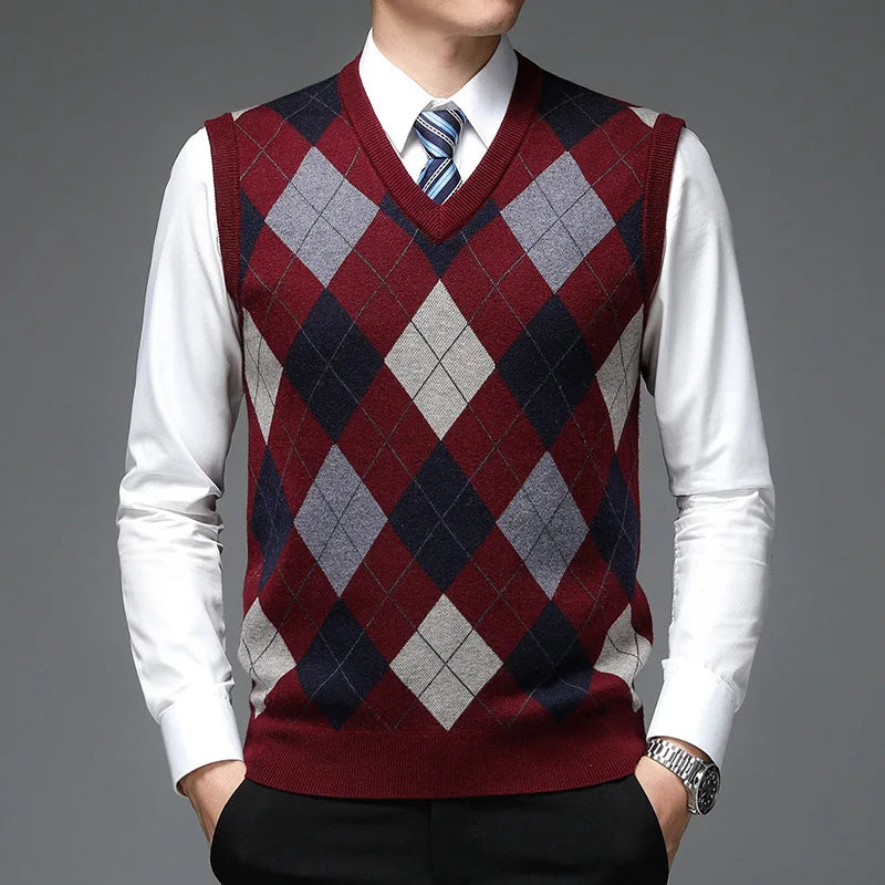 Sleeveless V-neck checked jumper
