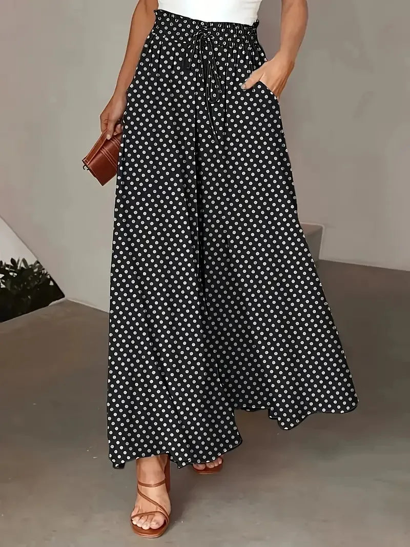 Polka Dot Wide Leg Flowy Trousers with Elastic Waist