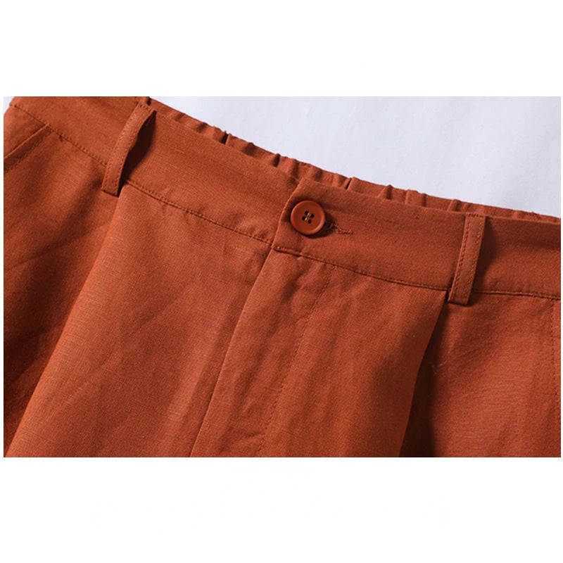 Intims - Short taille haute en coton et lin avec poches pour Femmes - 00105FR