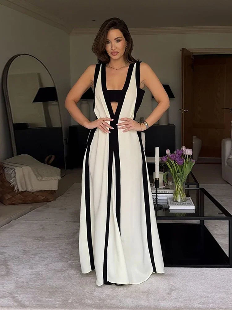 Intims - Robe élégante patchwork Noir & Blanc avec col en V - 75319FR