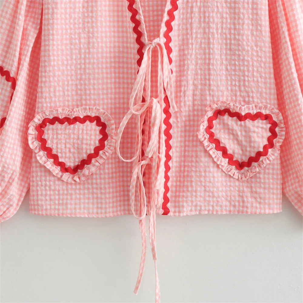 Intims - Chemisier à Carreaux Poches en Coeur à Manches Bouffantes pour Femme - 34567FR