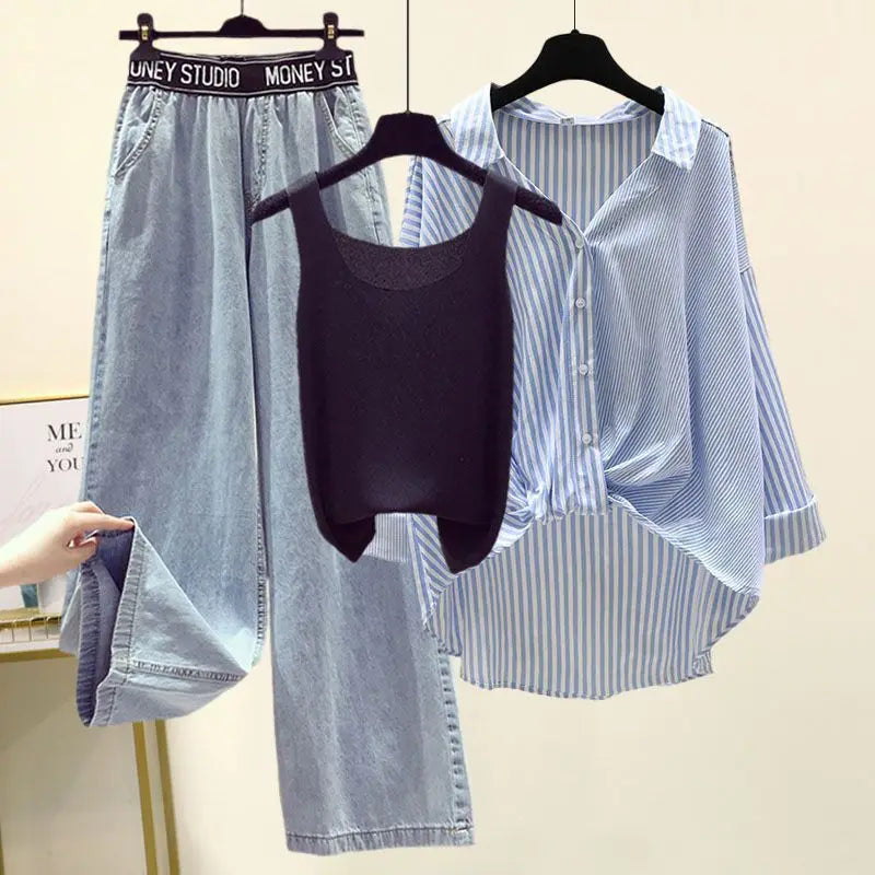 Ensemble 3PCS - Débardeur, Chemise à Rayures & Pantalon Ample