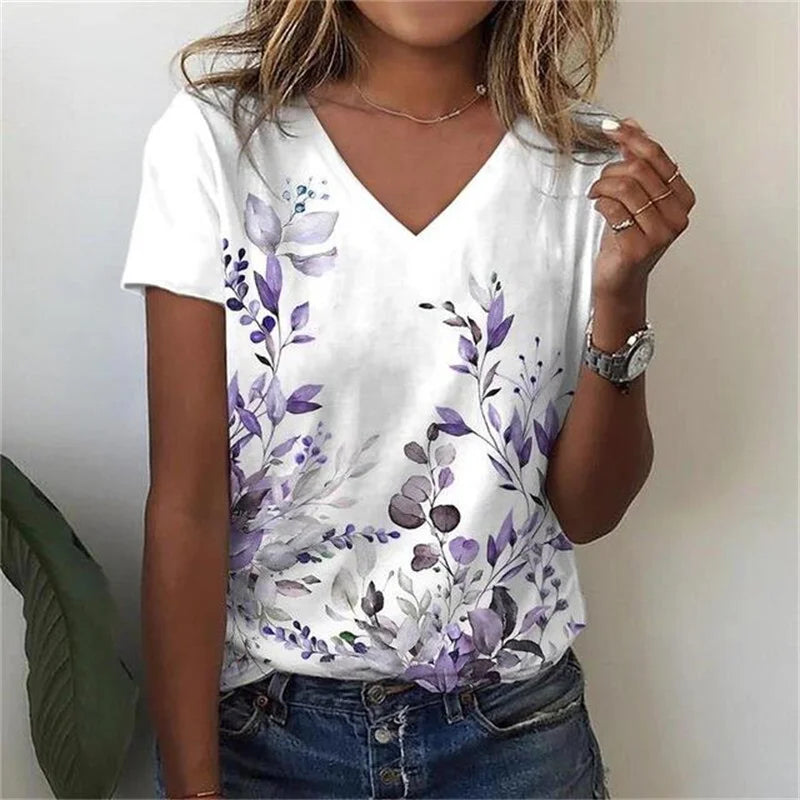 T-shirt Décontracté à Col V Imprimé Fleur pour Femmes - 3762FR