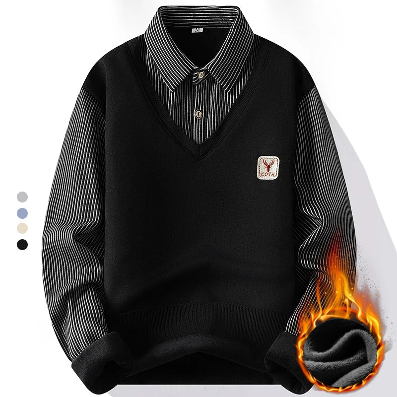 Pull 2 en 1 avec Chemise à Rayures Doublure Polaire