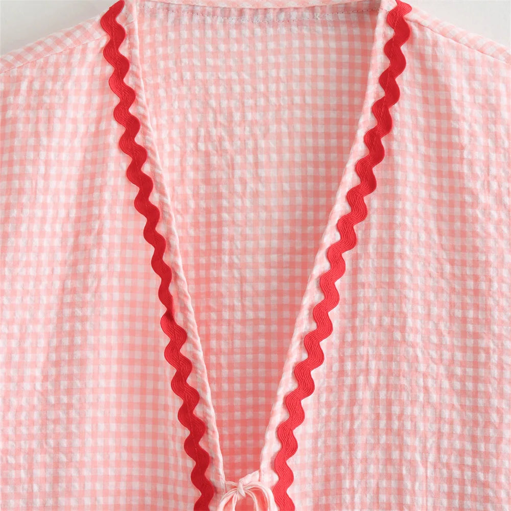 Intims - Chemisier à Carreaux Poches en Coeur à Manches Bouffantes pour Femme - 34567FR