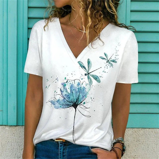 T-shirt Décontracté à Col V Imprimé Fleur pour Femmes - 3762FR