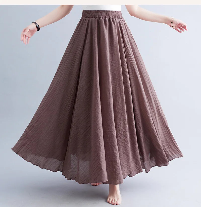 High-Waisted Elastic Cotton & Linen Long Skirt