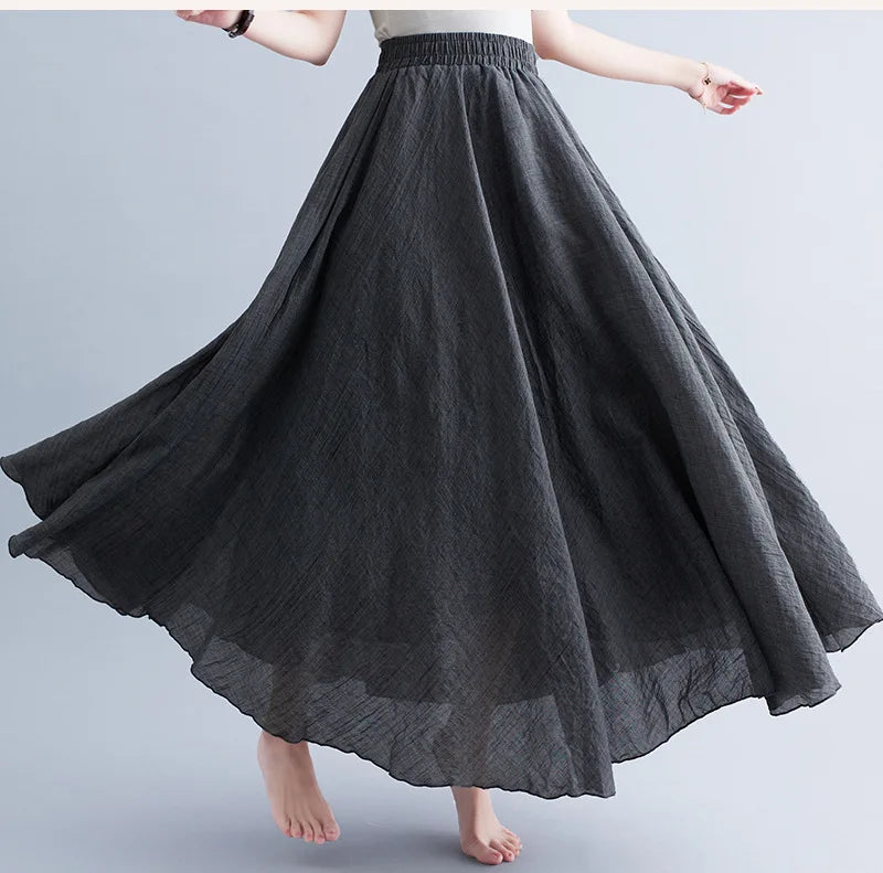 High-Waisted Elastic Cotton & Linen Long Skirt