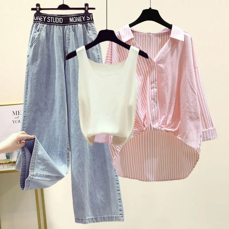 Ensemble 3PCS - Débardeur, Chemise à Rayures & Pantalon Ample