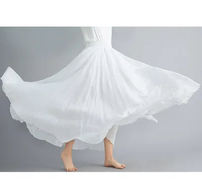 High-Waisted Elastic Cotton & Linen Long Skirt