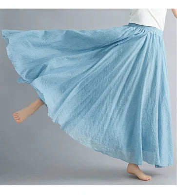 High-Waisted Elastic Cotton & Linen Long Skirt