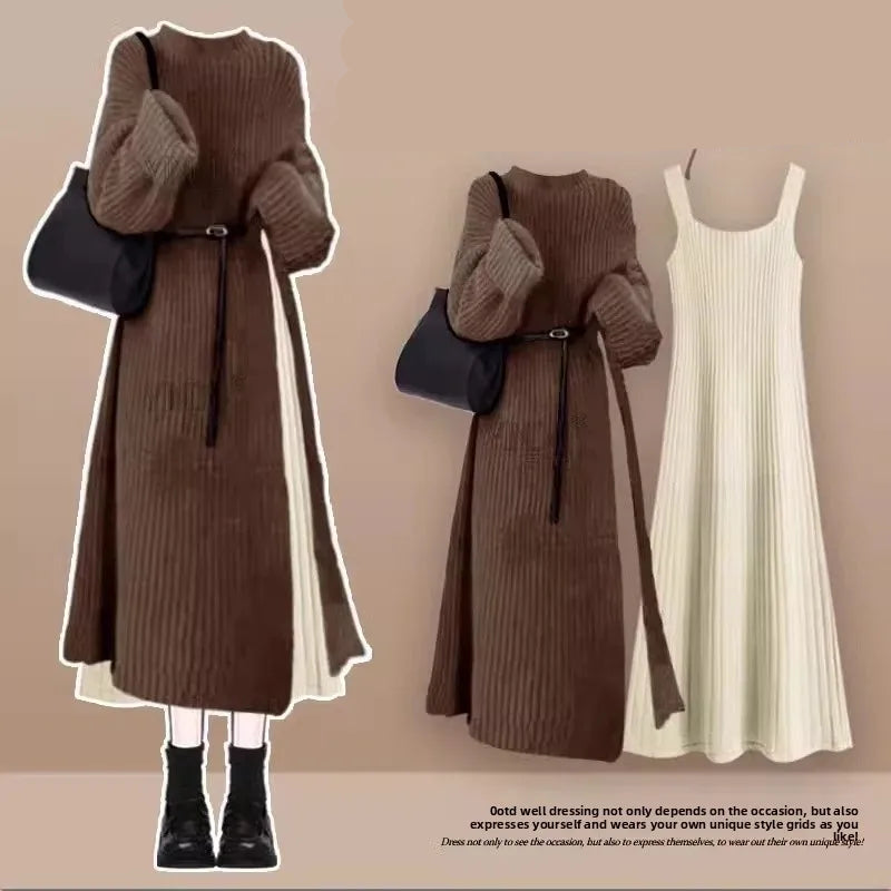 Robe Pull 2 en 1 en Tricot Casual & Chaud - Ensemble 2PCS