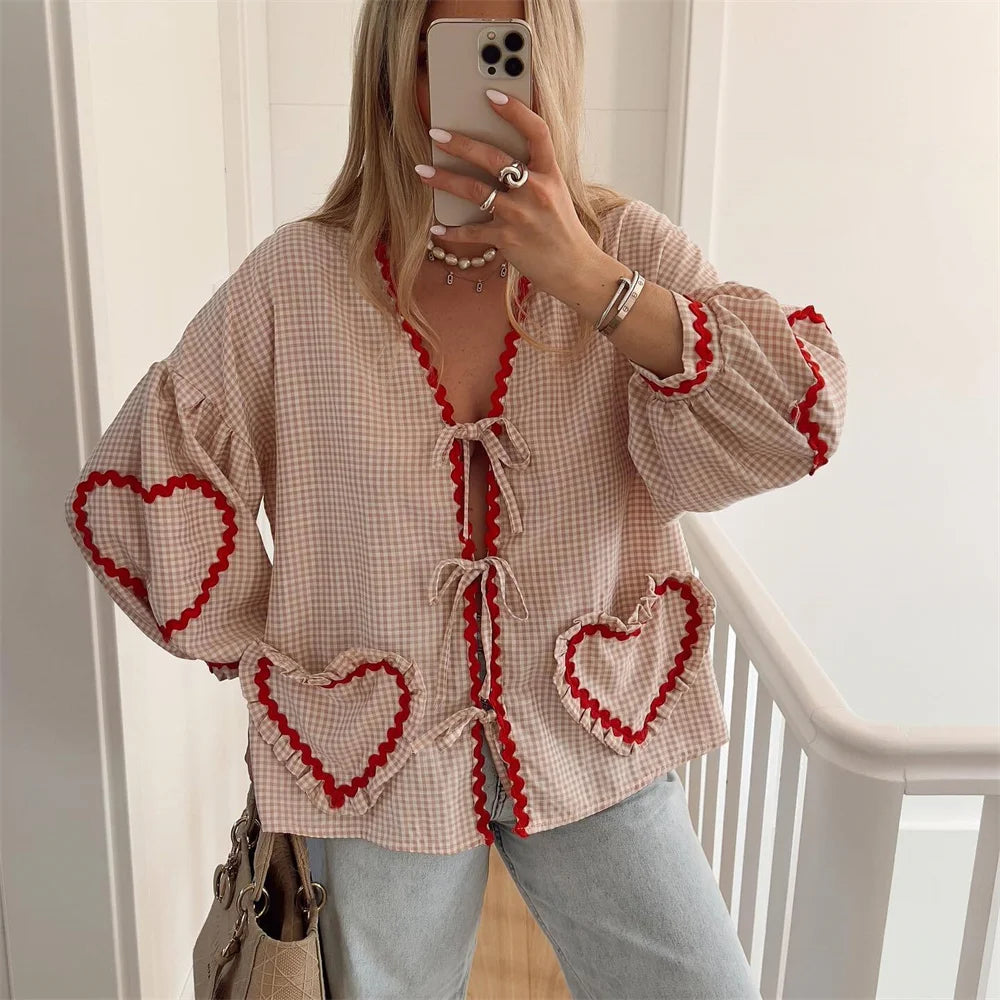 Intims - Chemisier à Carreaux Poches en Coeur à Manches Bouffantes pour Femme - 34567FR