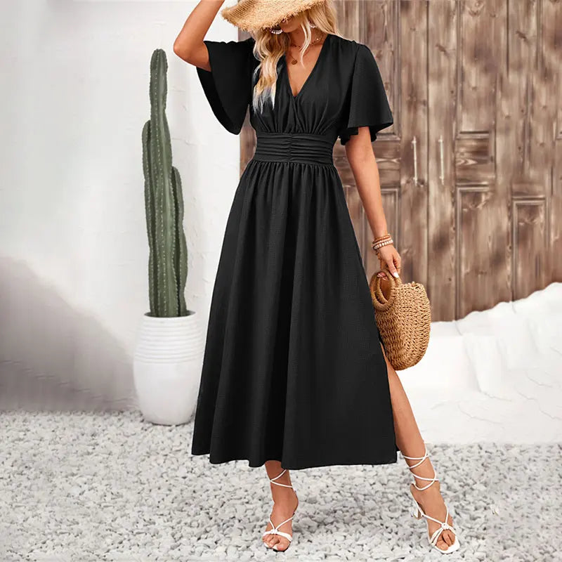 Robe longue Infroissable Col V à Taille Cintrée