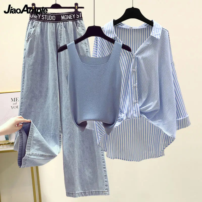 Ensemble 3PCS - Débardeur, Chemise à Rayures & Pantalon Ample