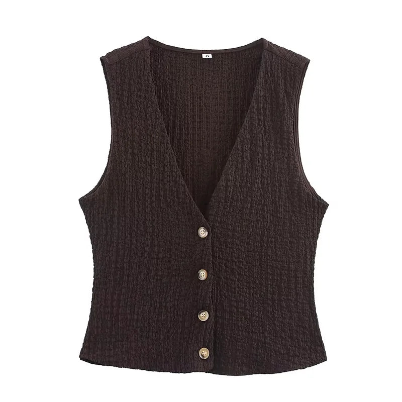 Ensemble 2PCS Texturé Veston Sans Manche à Bouton & Pantalon Élastique