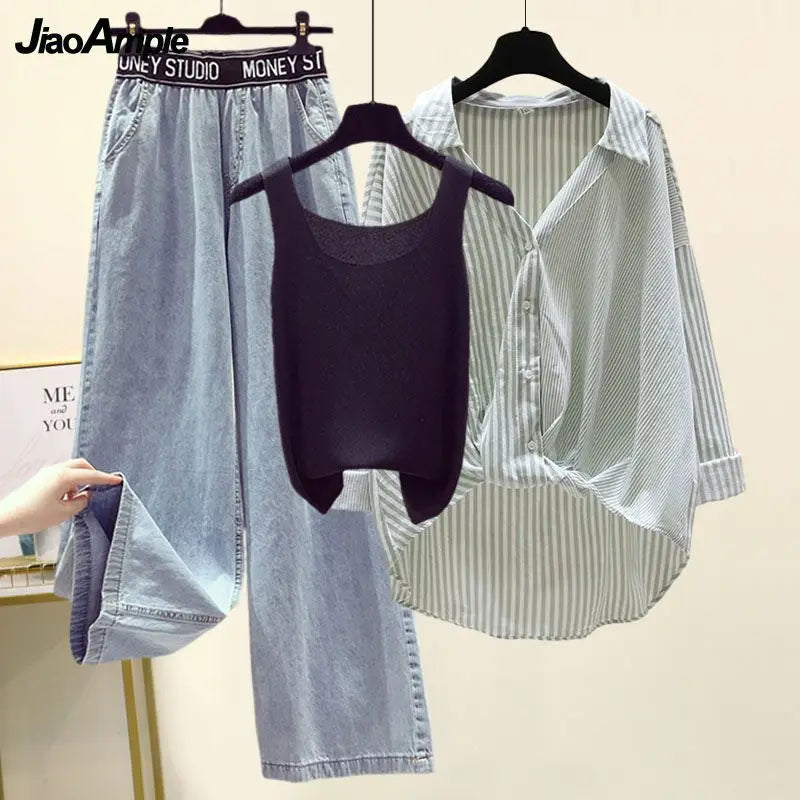 Ensemble 3PCS - Débardeur, Chemise à Rayures & Pantalon Ample