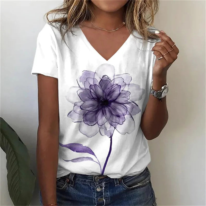 T-shirt Décontracté à Col V Imprimé Fleur pour Femmes - 3762FR