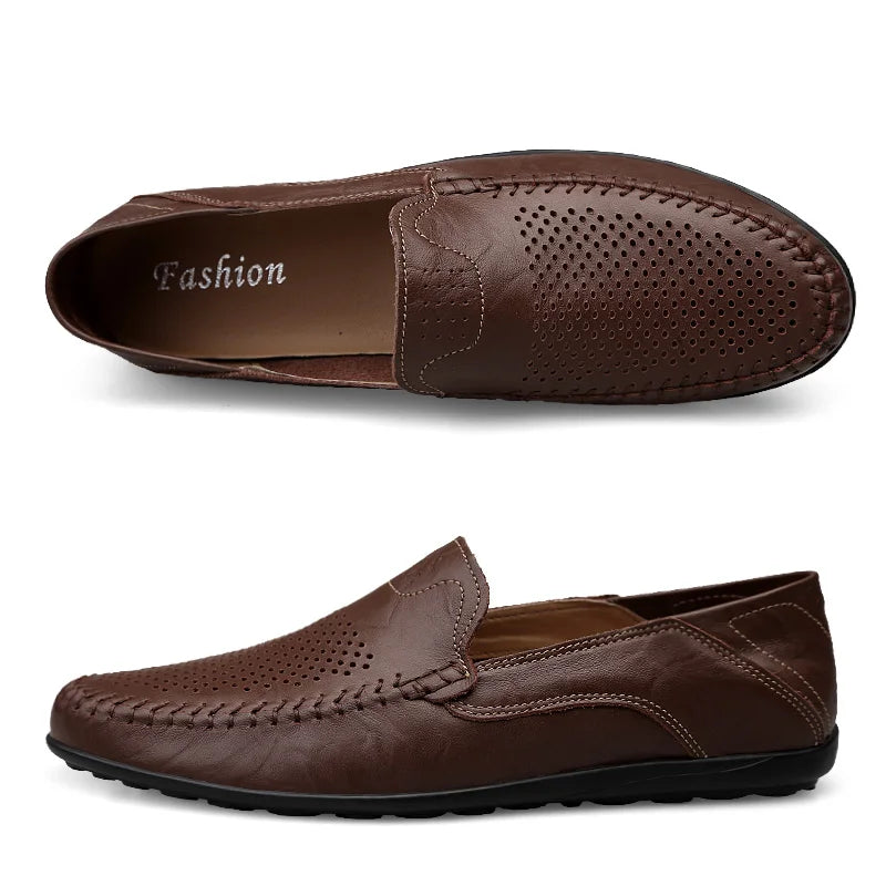 Mocassins à enfiler plats et aérés en cuir véritable