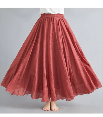 High-Waisted Elastic Cotton & Linen Long Skirt