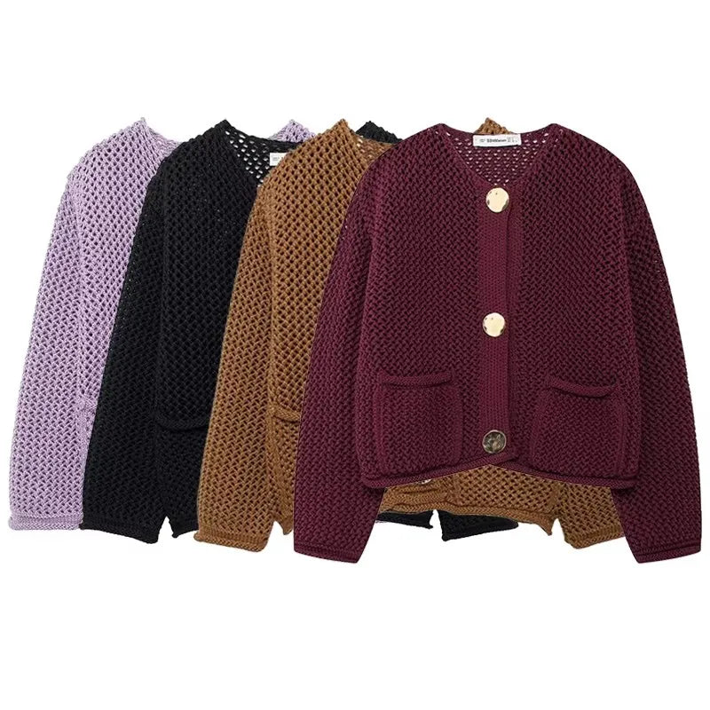 Intims - Cardigan à grosse maille ajourée avec détails gros boutons dorés - 48231FR