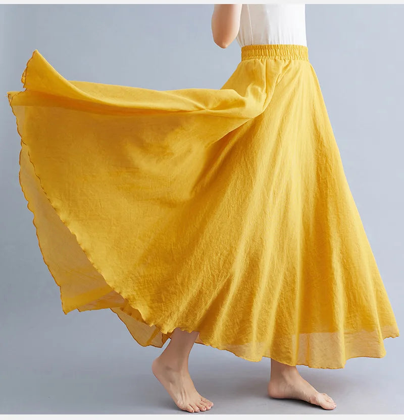 High-Waisted Elastic Cotton & Linen Long Skirt